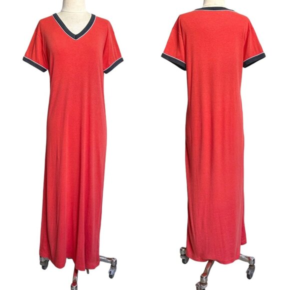 Dresses & Skirts - 70s 80s Vintage T-shirt Dress Maxi Ringer V-neck Soft Thin Contrast Collar.